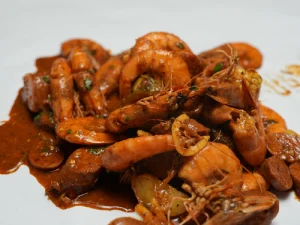 Seasoned shrimp mixed with sausage, potatoes and corn at Mr. Crabs Seafood Boil in Reno, Nevada.