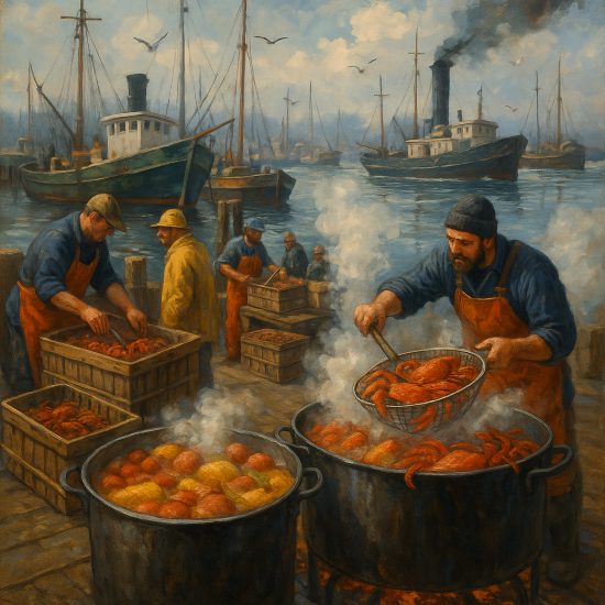 Fishermen at the harbor catching fresh seafood and cooking a seafood boil