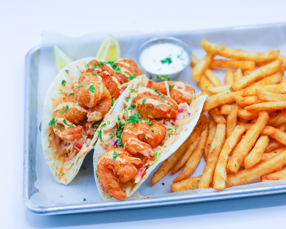 Shrimp Tacos served with fries and ranch